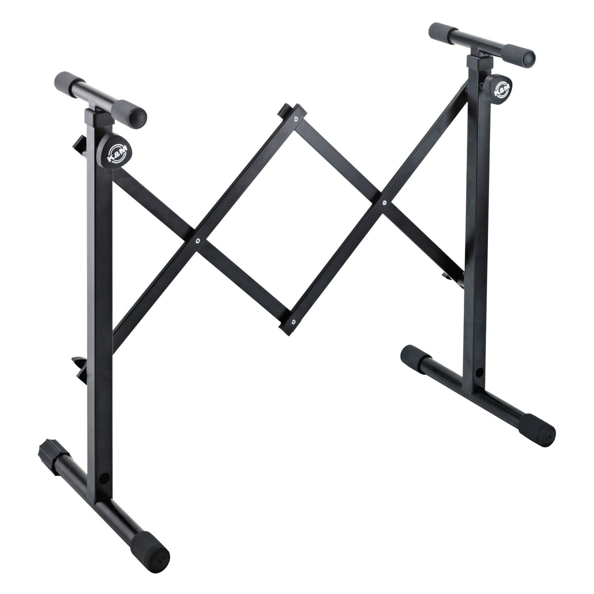 18826 equipment stand at lowest height setting with scissor brace extended and rubber-capped feet, K&M