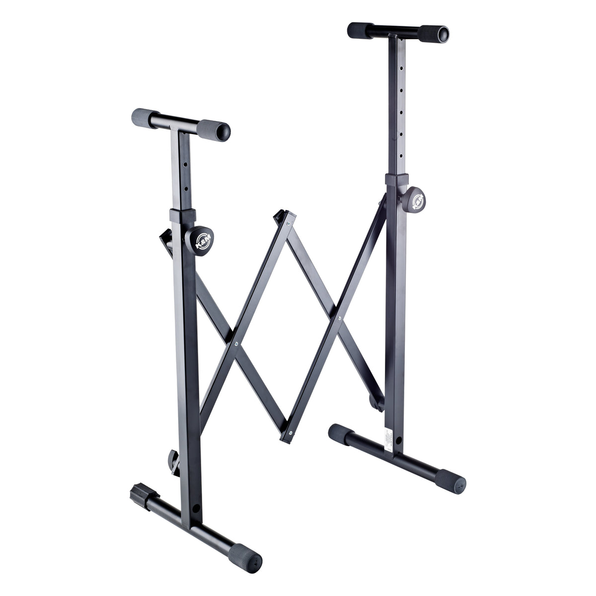 18826 equipment stand with legs set at different heights, showing the height adjustment holes and clamp knobs, K&M