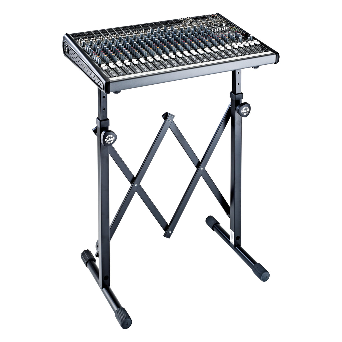 18826 equipment stand supporting a large analog mixing console on the padded arms, K&M