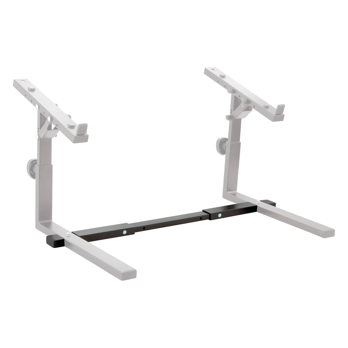 18828 Omega table stand basic support in three-quarter view, black telescopic cross bar connecting the two grey 18811 stacker side frames, K&M