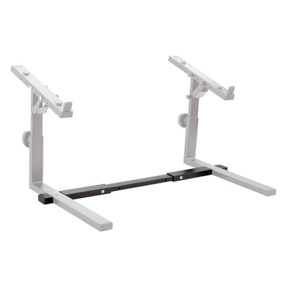 18828 Omega table stand basic support in three-quarter view, black telescopic cross bar connecting the two grey 18811 stacker side frames, K&M