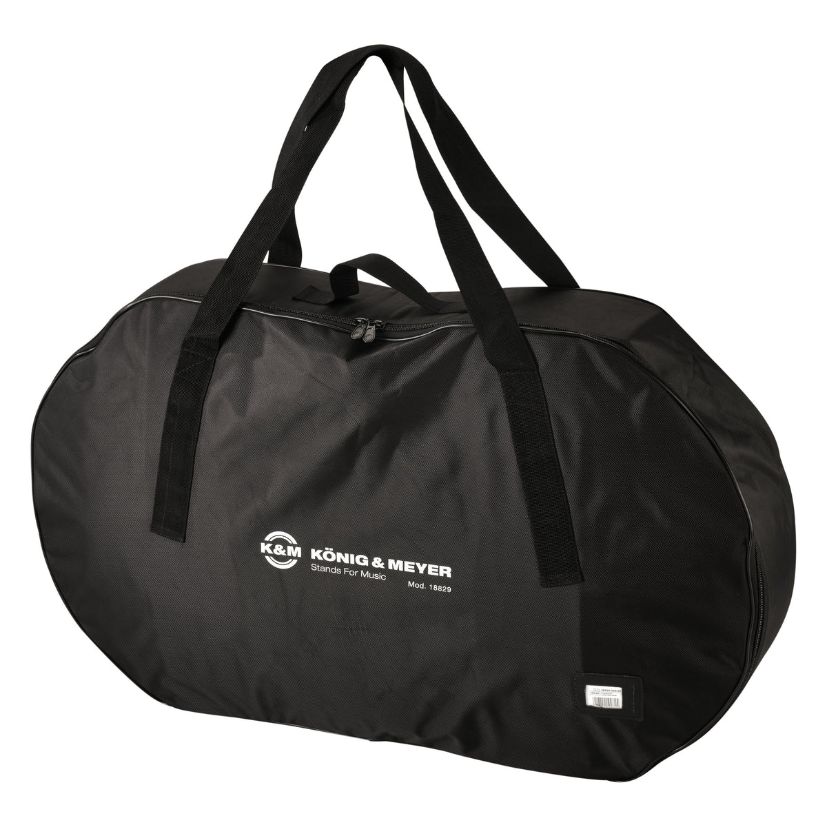 18829 large carrying case for Omega Pro 18820 stand, closed front view with twin carry handles, zip closure and white K&M König & Meyer logo on black nylon, K&M