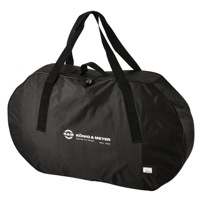 18829 large carrying case for Omega Pro 18820 stand, closed front view with twin carry handles, zip closure and white K&M König & Meyer logo on black nylon, K&M