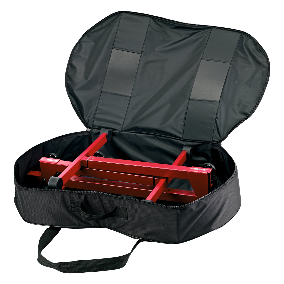 18829 carrying case open showing red Omega Pro stand folded inside with padded black lining and lid straps, K&M