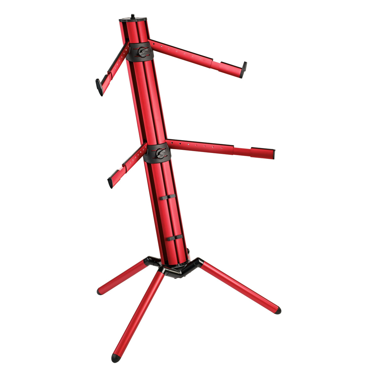 18860 Spider Pro keyboard stand angled front view with two tiers of adjustable arms and splayed tripod legs in red anodised finish, K&M