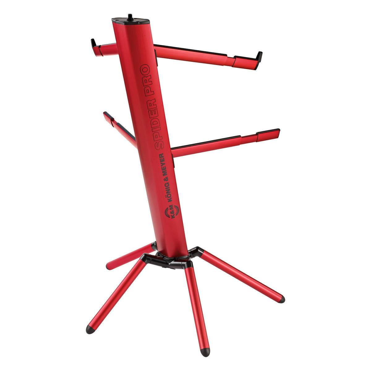 18860 Spider Pro keyboard stand side view showing Spider Pro and König & Meyer logo printed on the red column, K&M