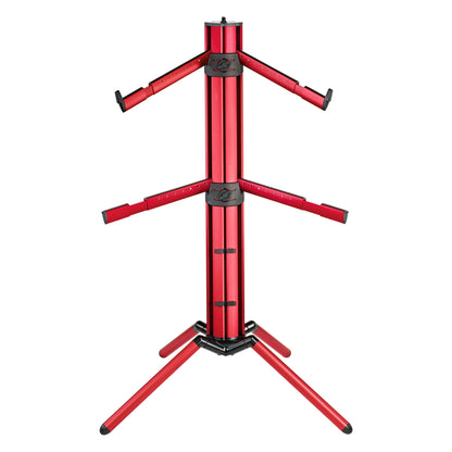 18860 Spider Pro keyboard stand straight-on view with both arm tiers extended and black clamp collars on the red column, K&M