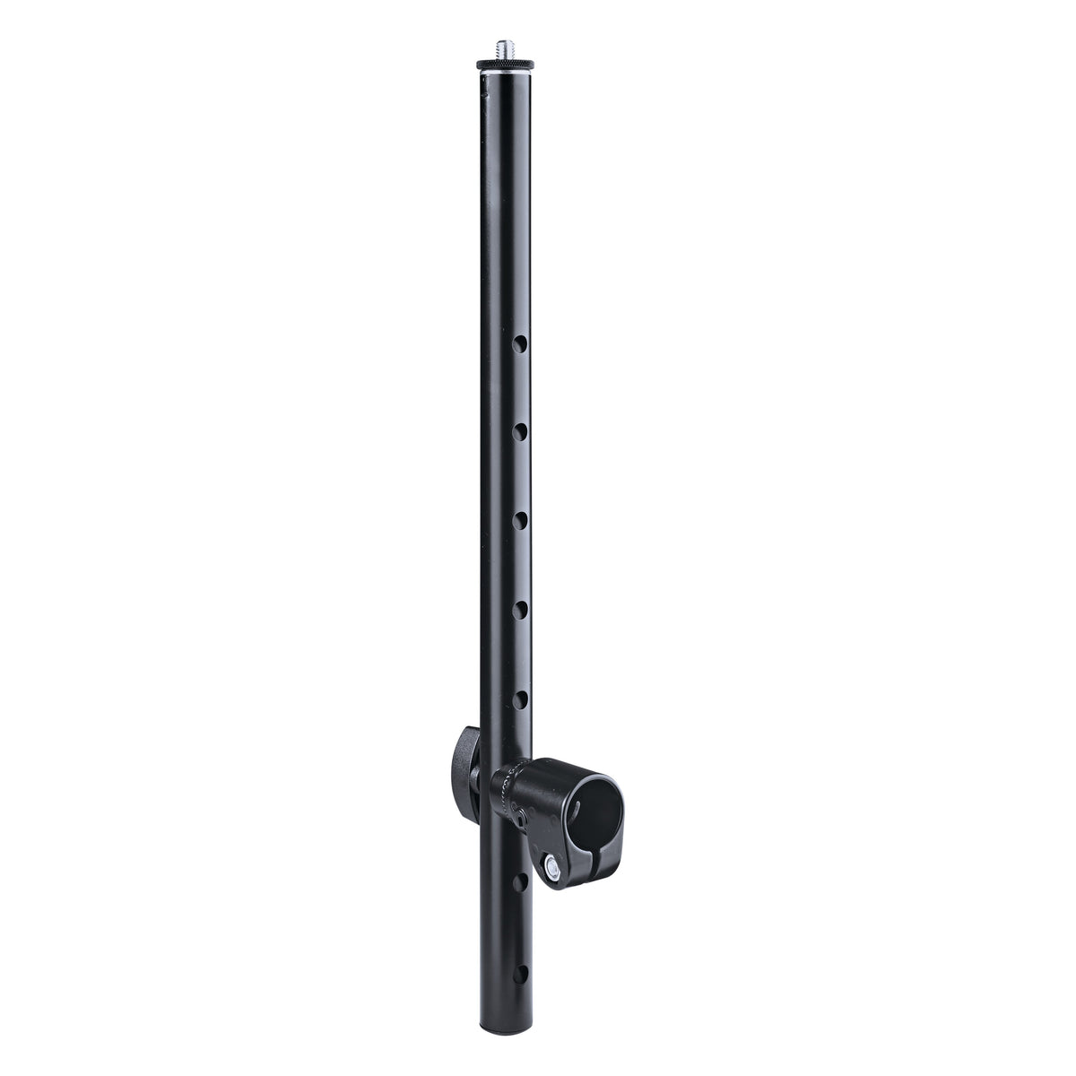 18944 universal holder front view showing black perforated tube with threaded top stud and side clamp with tightening knob, K&M