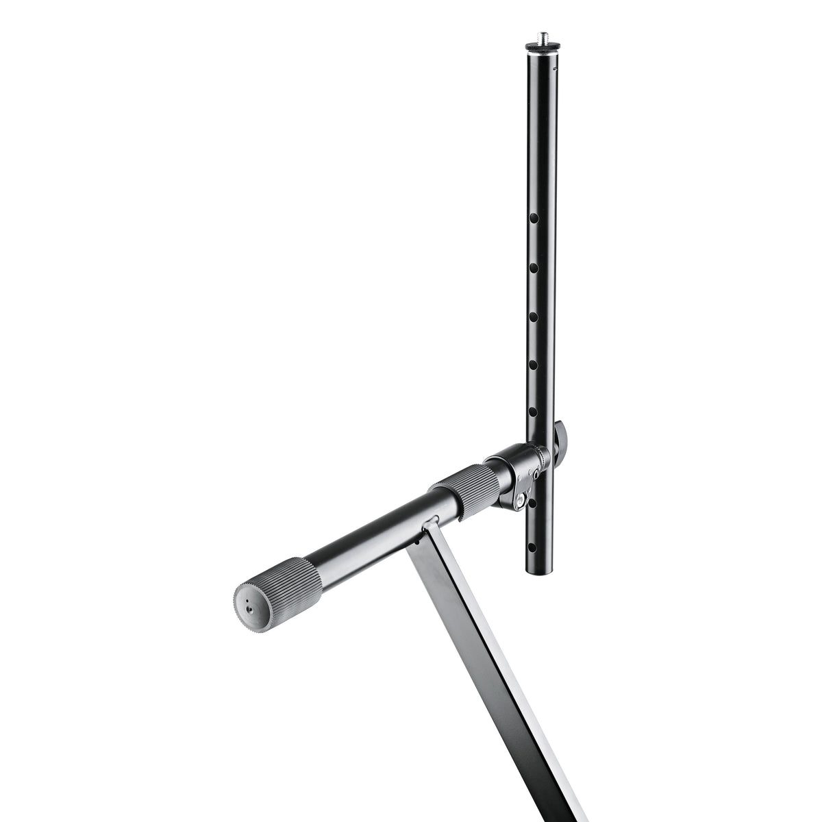 18944 universal holder mounted on X-keyboard stand crossbar, angled view showing clamp and row of adjustment holes, K&M