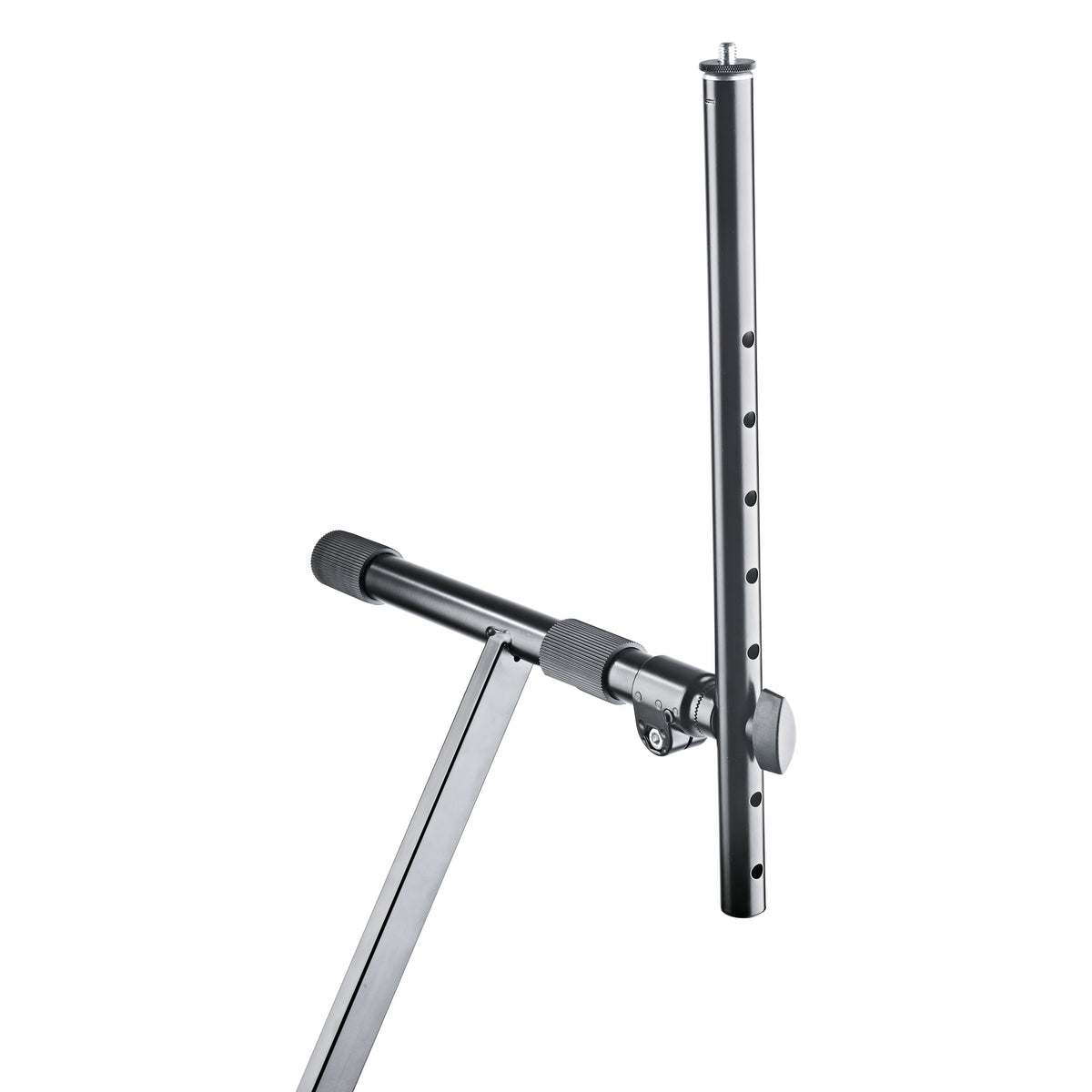 18944 universal holder clamped to X-keyboard stand arm, side view showing knurled adjustment grips and clamp knob, K&M