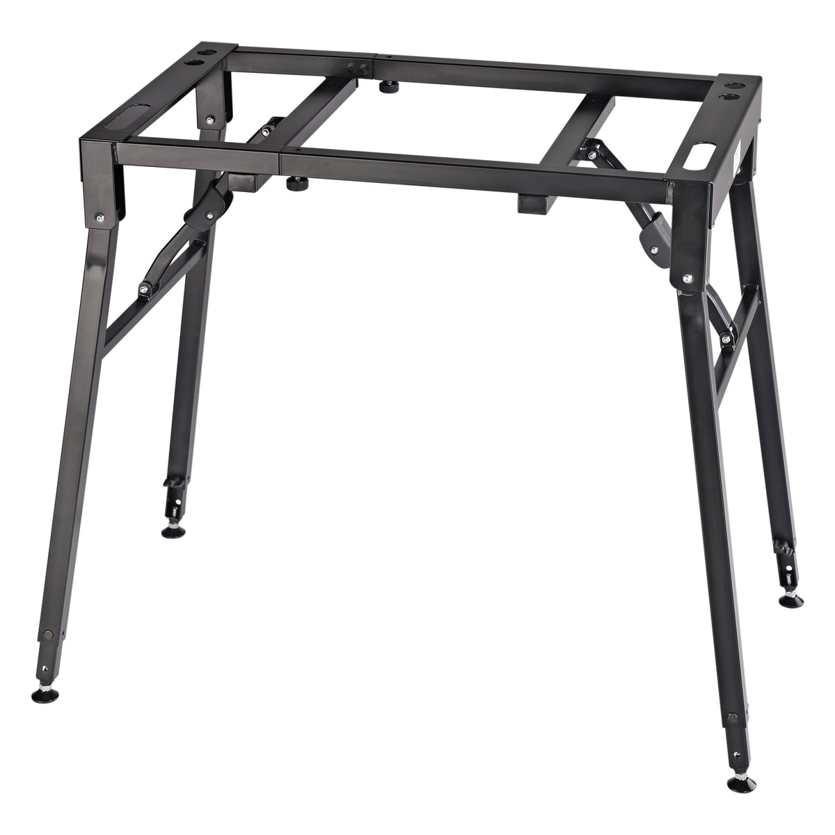 18950 table-style keyboard stand front three-quarter view with open black tubular frame and four adjustable legs with rubber feet, K&M