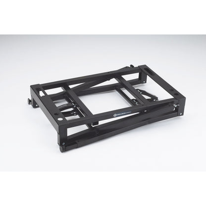 18950 table-style keyboard stand folded flat showing collapsed frame and König & Meyer Germany logo on the cross rail, K&M