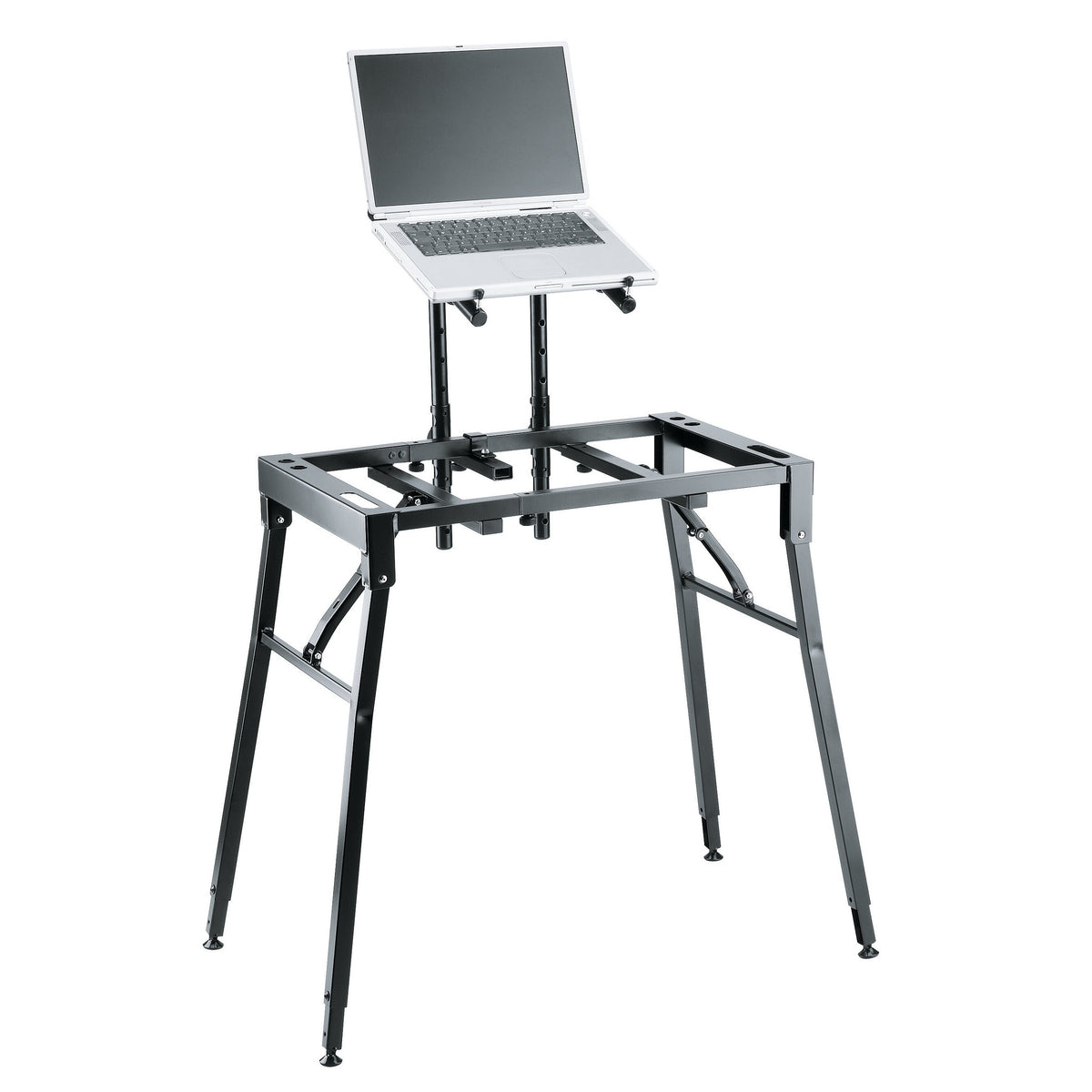 18950 table-style keyboard stand with optional two-tier support posts holding a laptop above the frame, K&M