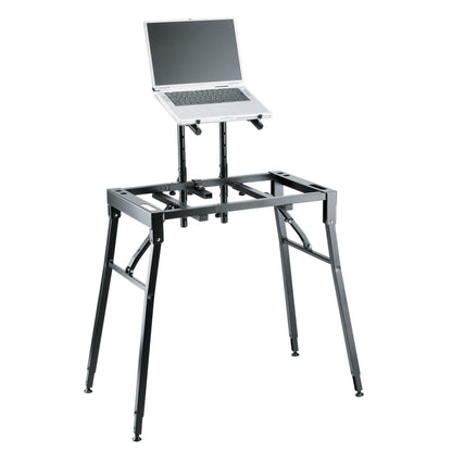 18950 table-style keyboard stand with optional two-tier support posts holding a laptop above the frame, K&M