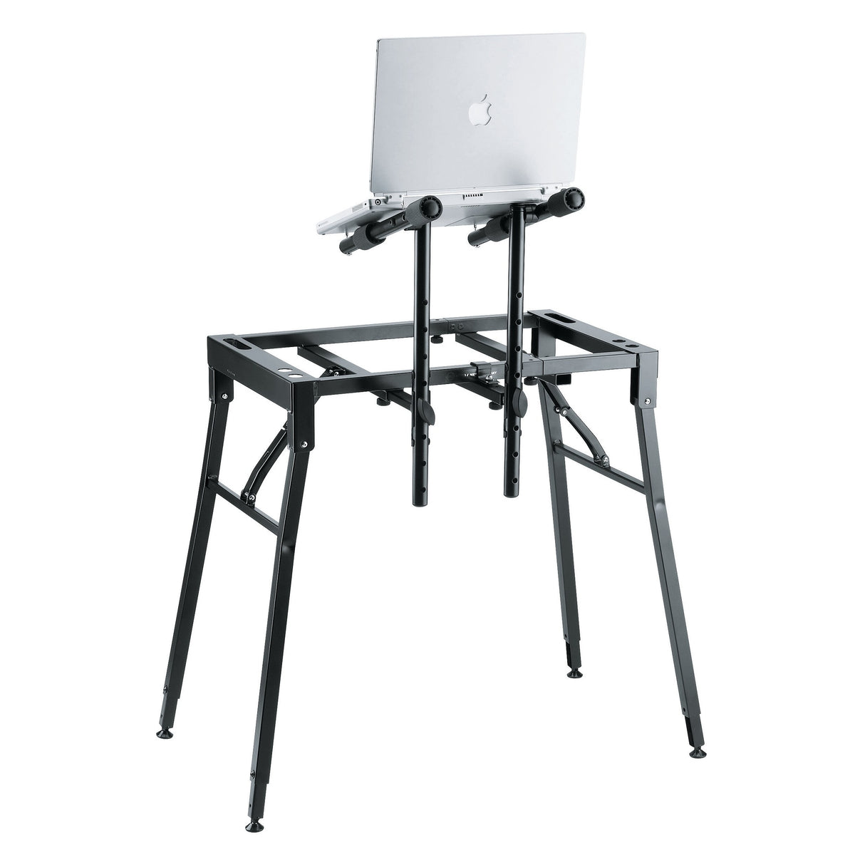 18950 table-style keyboard stand rear view with laptop resting on two padded tier arms and perforated height-adjustable posts, K&M