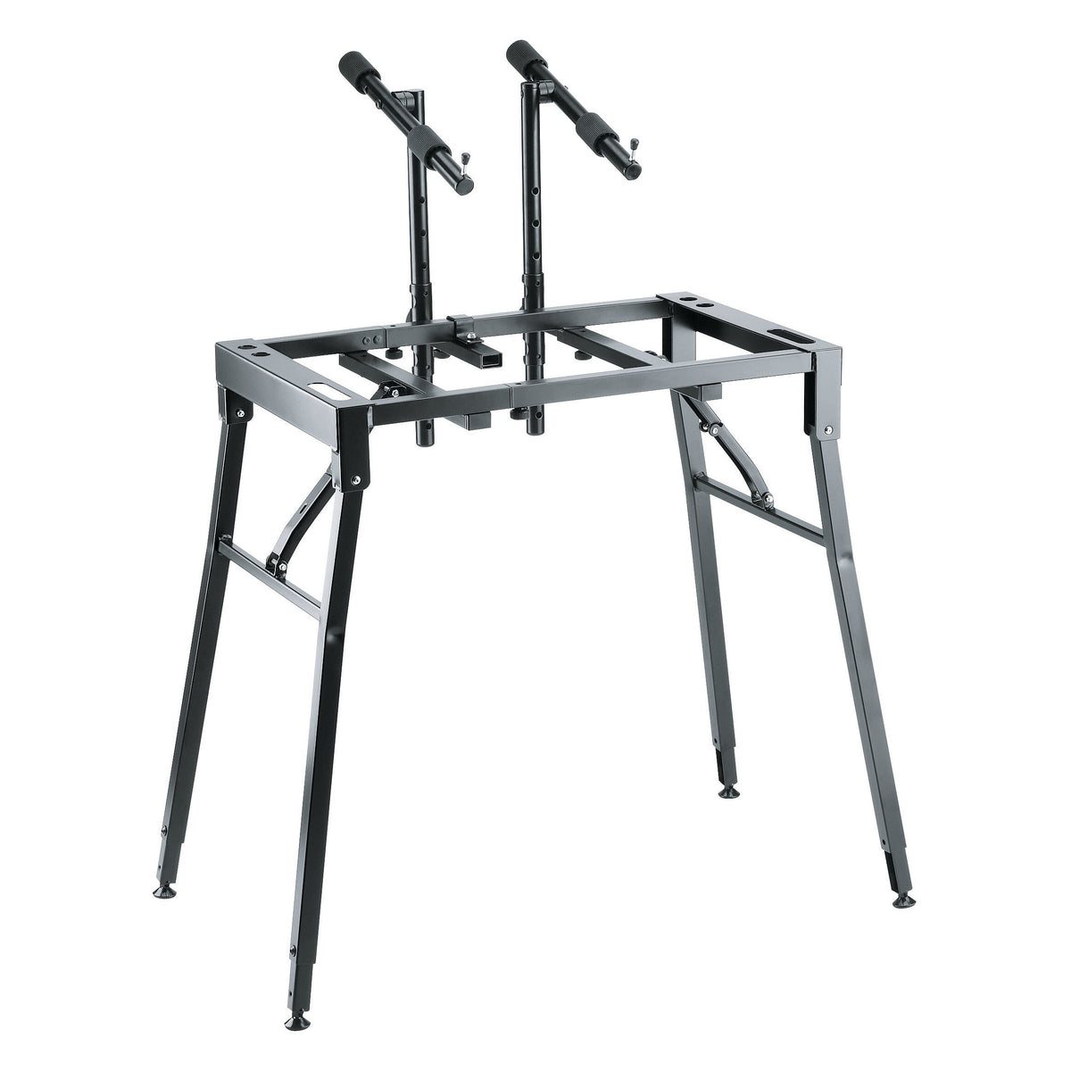 18950 table-style keyboard stand fitted with two perforated upright posts and padded T-arms for a second tier, K&M