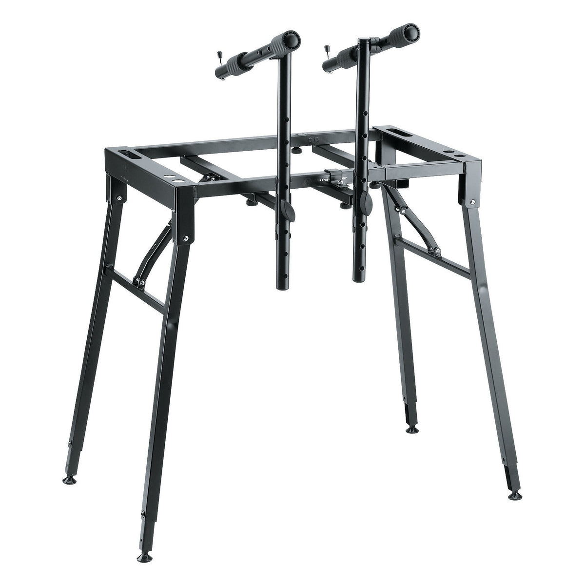 18950 table-style keyboard stand side angle showing clamped height-adjustable posts with padded tier arms and clamp screws, K&M