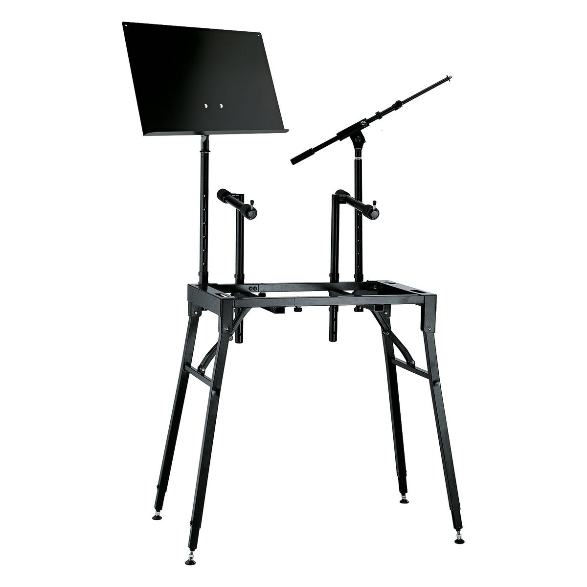 18950 table-style keyboard stand configured with music stand desk, microphone boom arm and two tier arms mounted on the frame, K&M