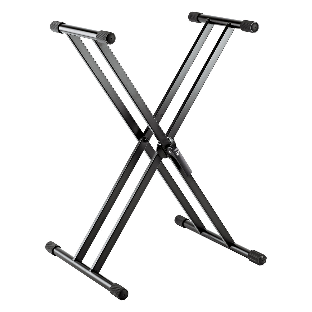 18997 double-braced X keyboard stand, three-quarter front view with crossed black aluminum legs and rubber-capped support arms, K&M