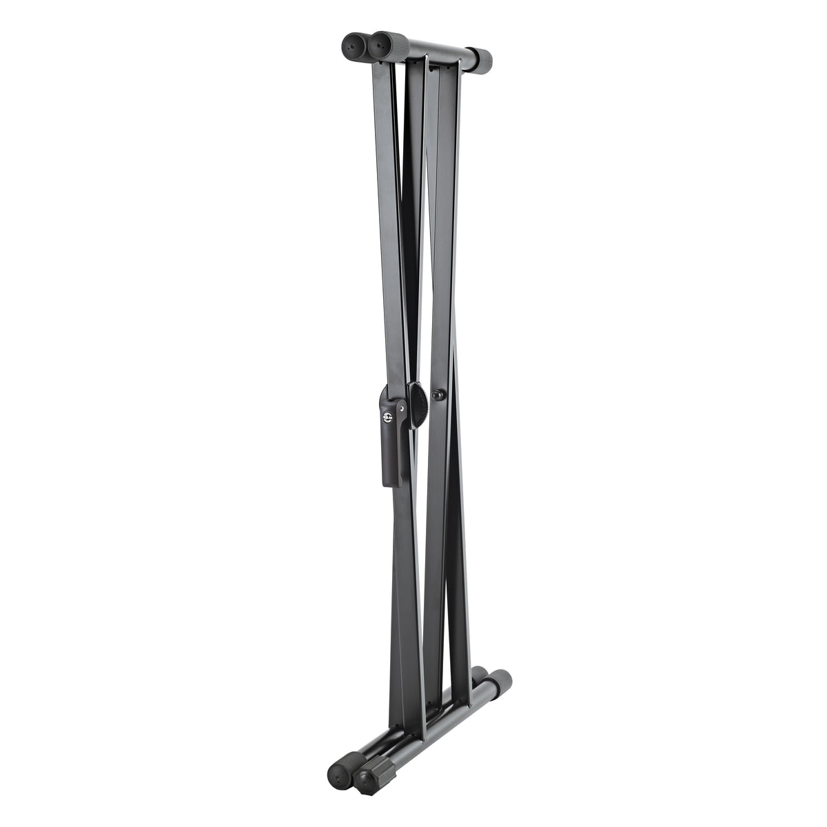 18997 keyboard stand folded flat, side view with double-braced legs collapsed and the locking lever visible at the pivot, K&M