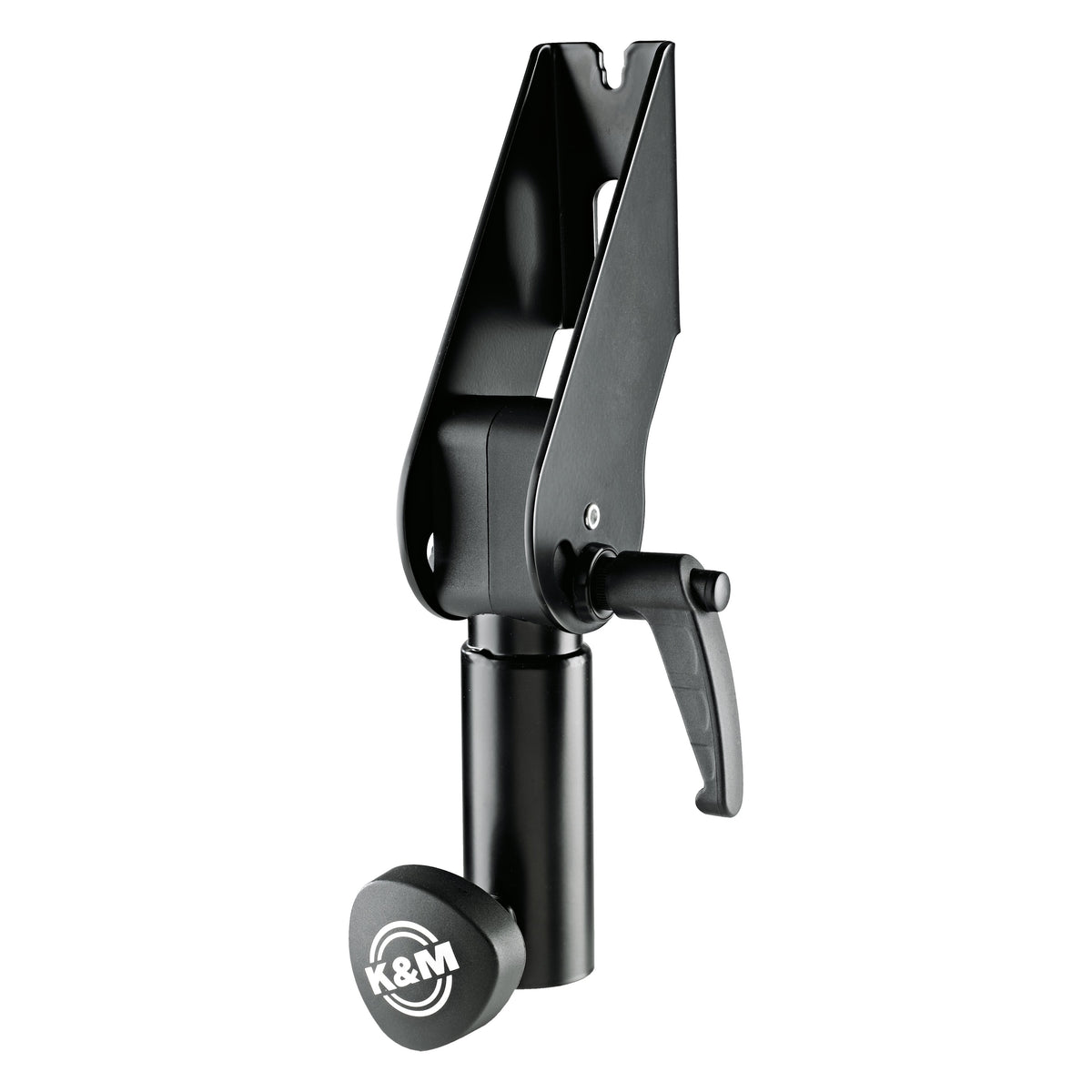 19610 stand adapter front three-quarter view showing black tilting bracket, lever handle and 35mm socket with K&M logo clamping knob, K&M