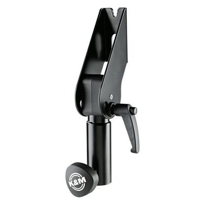 19610 stand adapter front three-quarter view showing black tilting bracket, lever handle and 35mm socket with K&M logo clamping knob, K&M
