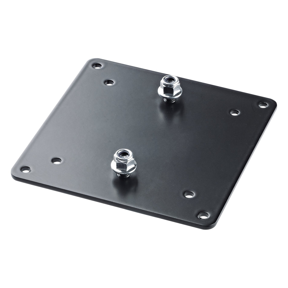 19615 VESA MIS-D 75/100 adapter plate angled top view in black with two hex nuts and multiple mounting holes, K&M