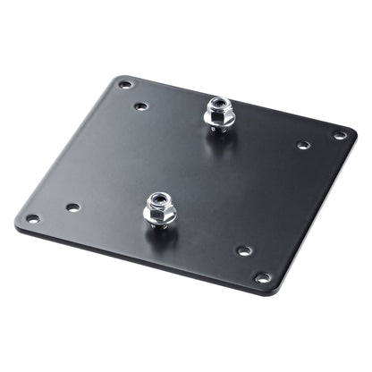19615 VESA MIS-D 75/100 adapter plate angled top view in black with two hex nuts and multiple mounting holes, K&M