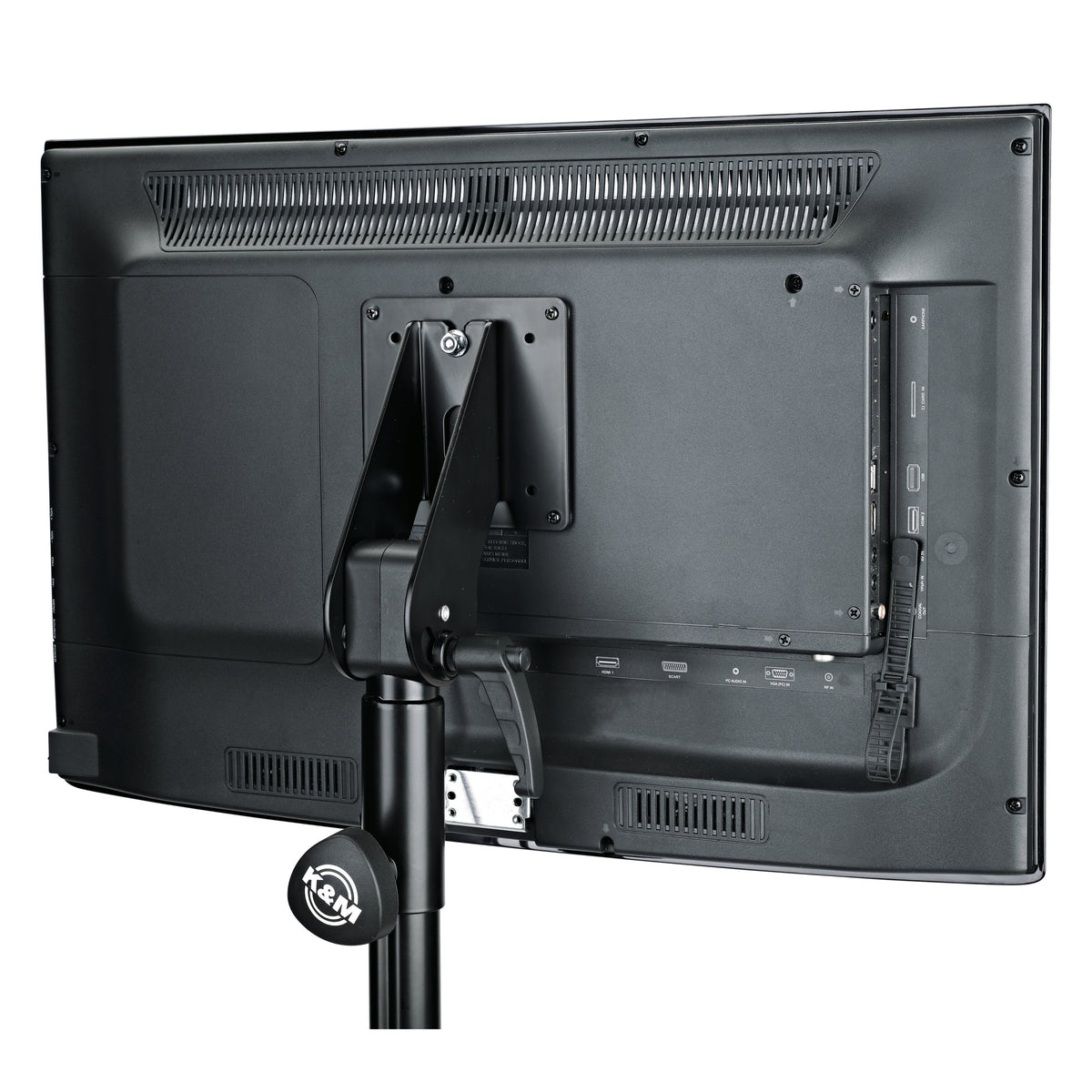 19615 VESA MIS-D 75/100 adapter plate in use, mounted on the rear of a flat-screen monitor on a K&M stand, K&M