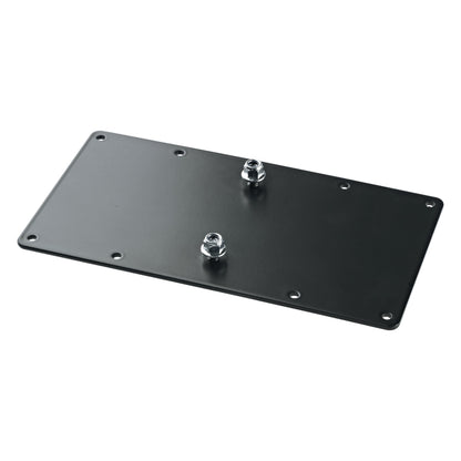 19616 VESA MIS-E 200mm adapter plate angled top view, black rectangular steel plate with perimeter mounting holes and two zinc-plated flanged nuts, K&M
