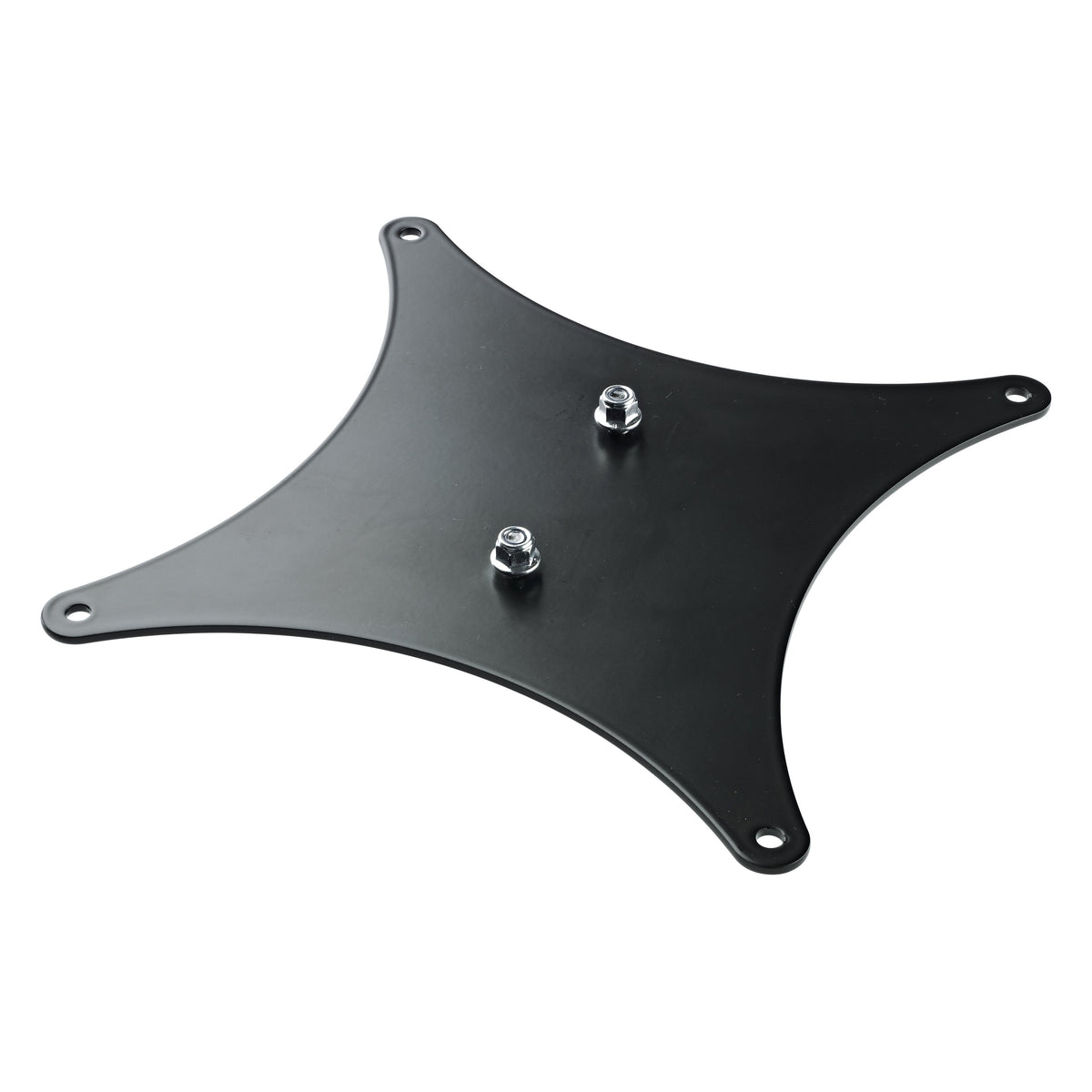 19617 VESA MIS-F 200x200 adapter plate angled top view, black star-shaped steel plate with four corner mounting holes and two zinc-plated flange nuts, K&M