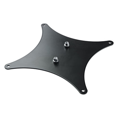 19617 VESA MIS-F 200x200 adapter plate angled top view, black star-shaped steel plate with four corner mounting holes and two zinc-plated flange nuts, K&M