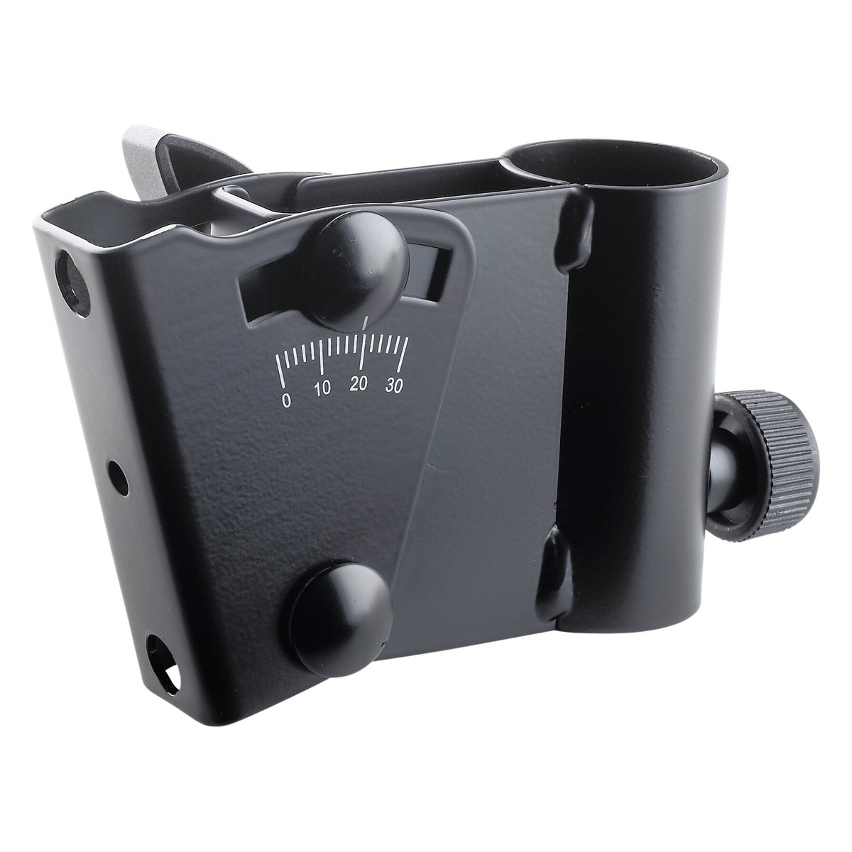 19780 inclinable stand adapter angled front view showing 0-30 degree tilt scale, two black knobs and side tube with knurled clamping screw, K&M