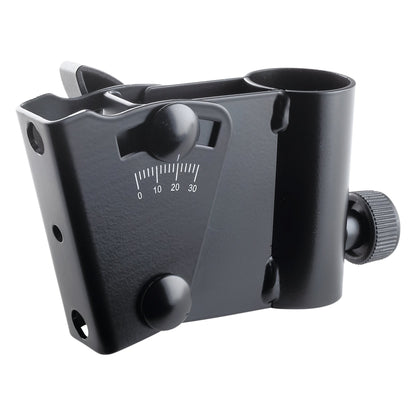 19780 inclinable stand adapter angled front view showing 0-30 degree tilt scale, two black knobs and side tube with knurled clamping screw, K&M