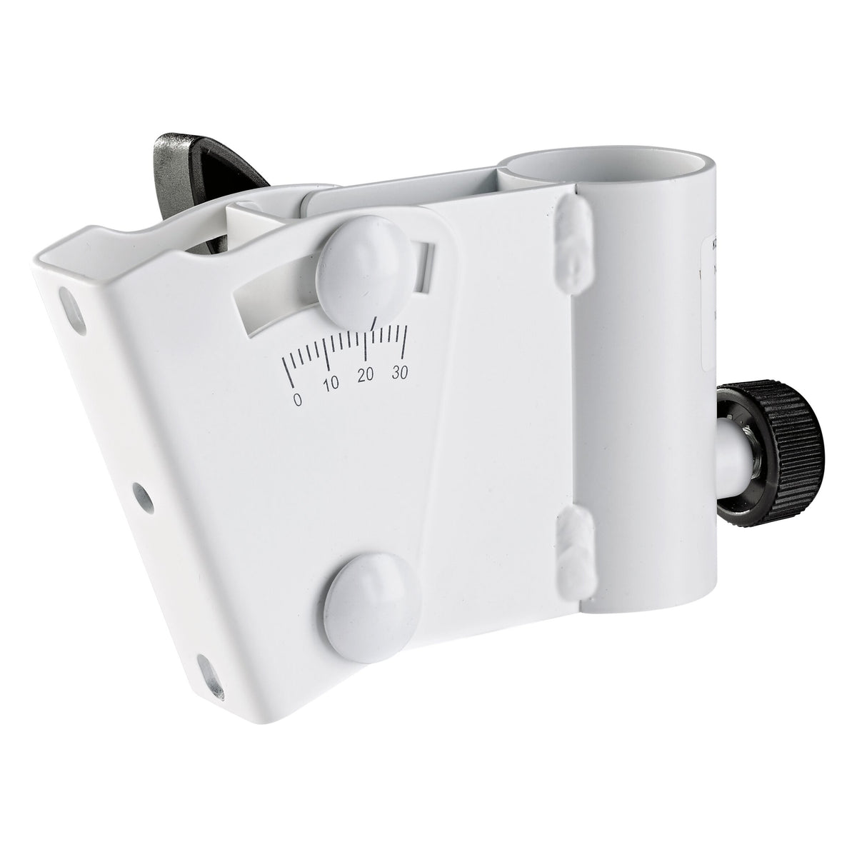 19780 inclinable stand adapter angled front view in pure white with 0-30 degree tilt scale, knurled black clamp knob and mounting holes, K&M