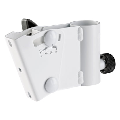 19780 inclinable stand adapter angled front view in pure white with 0-30 degree tilt scale, knurled black clamp knob and mounting holes, K&M