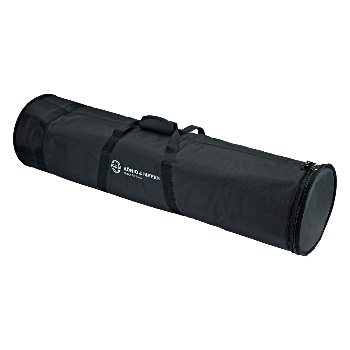 21316 nylon speaker stand carrying case full view with carry handle, shoulder straps and König & Meyer logo on black fabric, K&M
