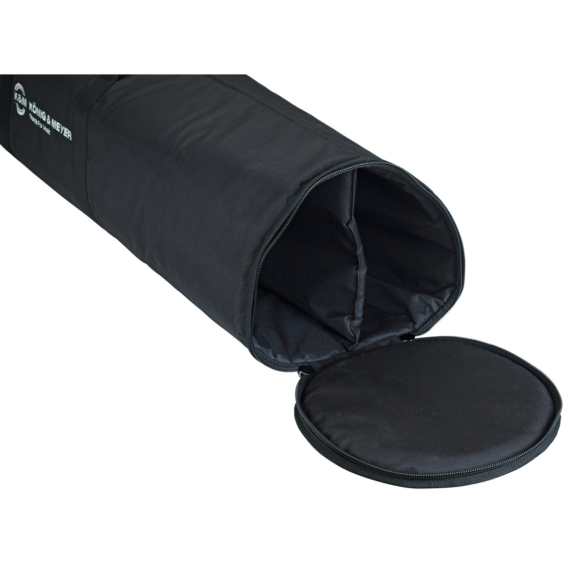 21316 nylon speaker stand carrying case end opening showing zippered round end flap and padded divided interior for two stands, K&M