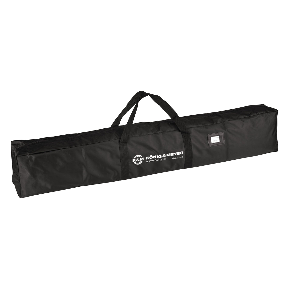 21319 carrying case for two XL speaker stands, front three-quarter view showing black nylon body, twin carry handles and white König & Meyer logo with Mod.21319 print, K&M