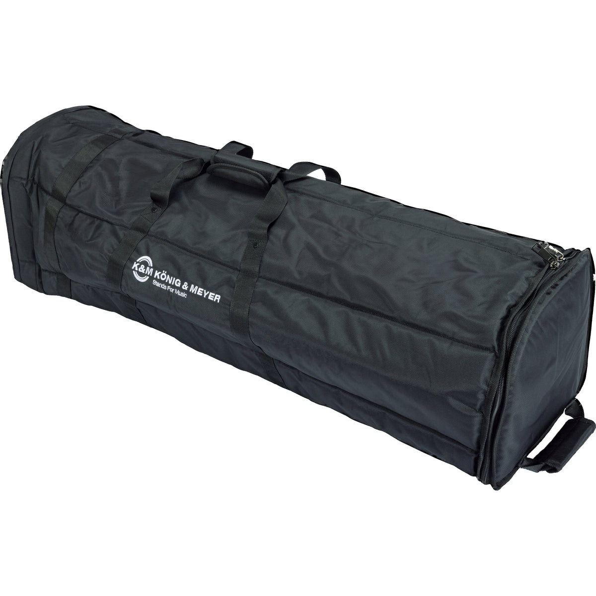 21427 6-stand carrying case front view with K&M König & Meyer logo, top carry handle and webbing straps, K&M
