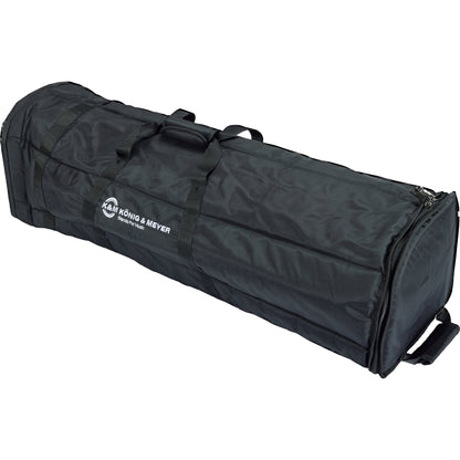 21427 6-stand carrying case front view with K&M König & Meyer logo, top carry handle and webbing straps, K&M