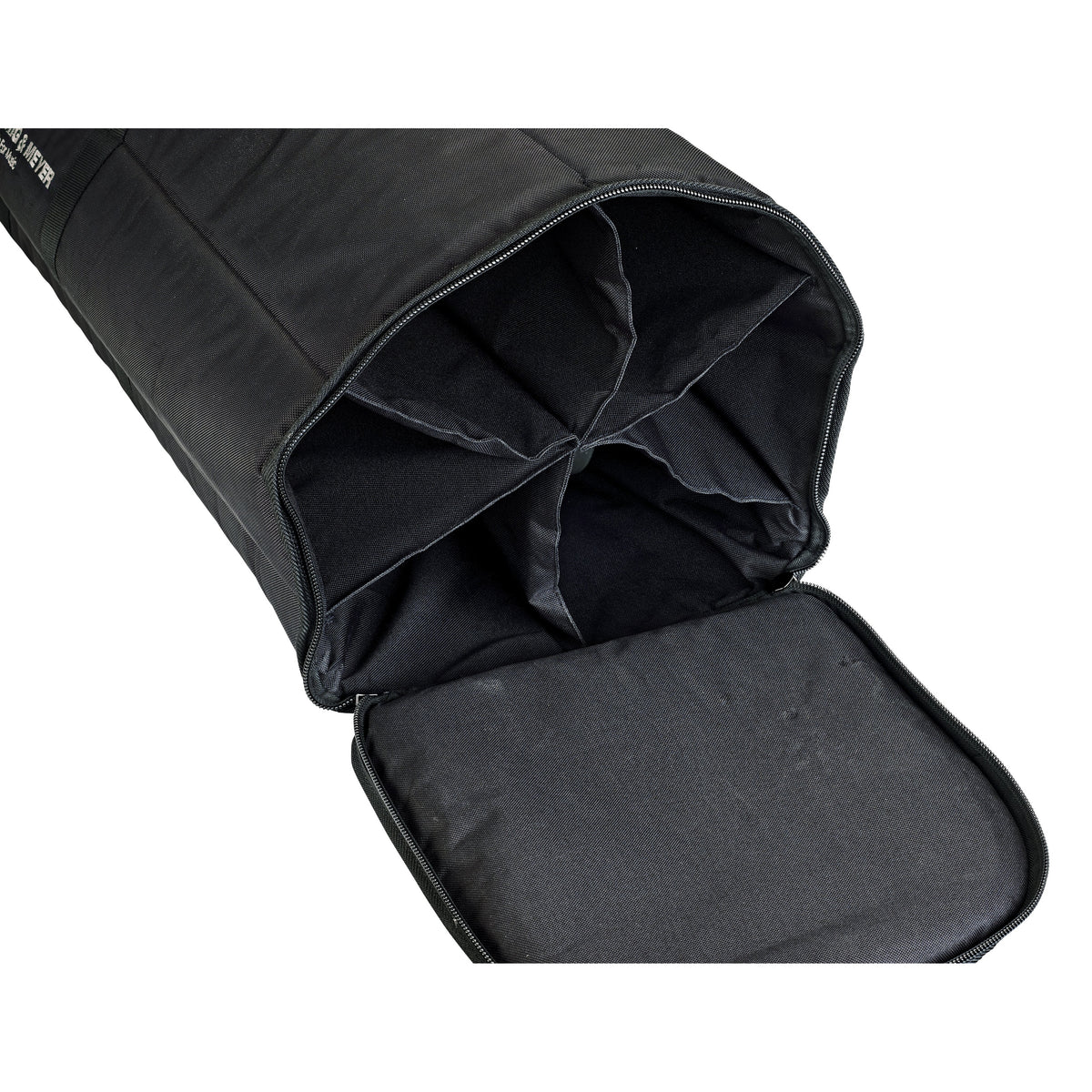 21427 6-stand carrying case open end showing six divided internal compartments and padded zippered end flap, K&M