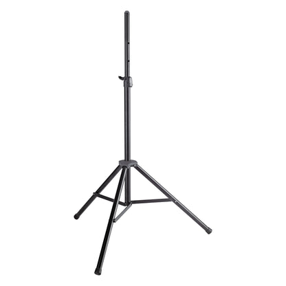 21471 aluminum tripod speaker stand full front view, extended black upper pole with clamp-lever height adjustment and cross-braced tripod legs with rubber feet, K&M