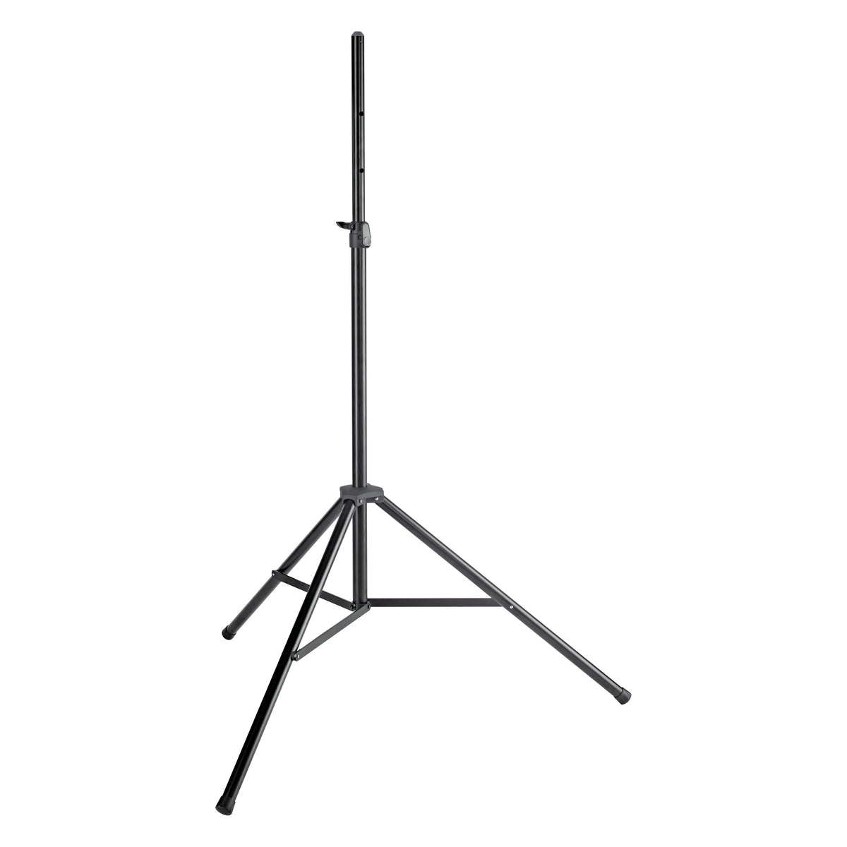 21472 XL speaker stand full view with extended black aluminum upper tube, clamp lever and tripod legs with rubber feet, K&M