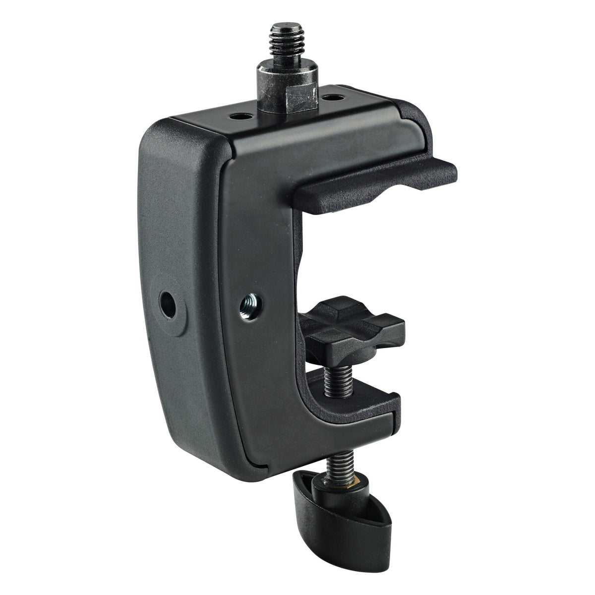 23723 universal table clamp angled front view with 3/8" threaded stud on top and black wing screw tightening knob, K&M