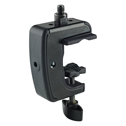 23723 universal table clamp angled front view with 3/8" threaded stud on top and black wing screw tightening knob, K&M