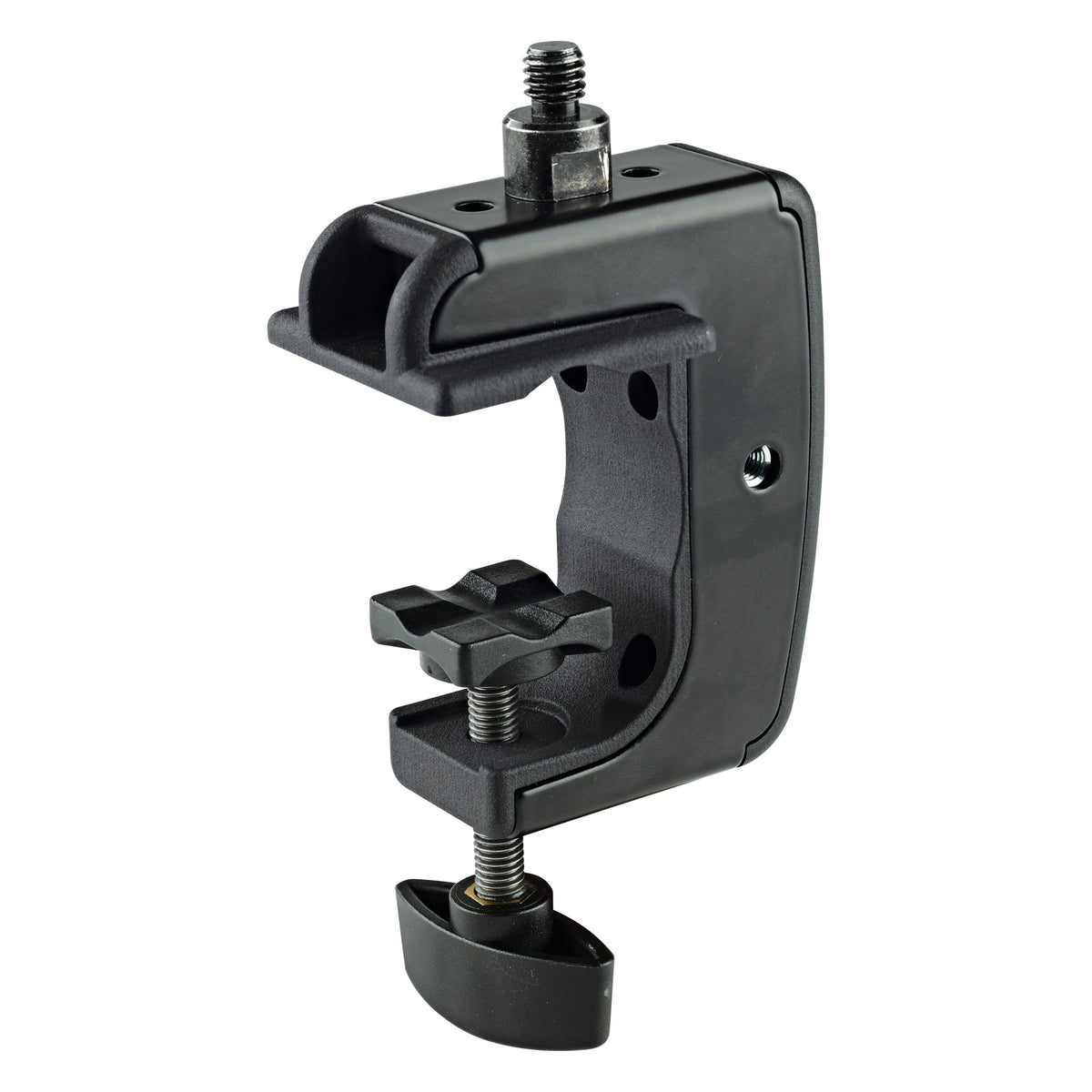 23723 universal table clamp opposite angled view showing open C-shaped jaw, locking knob and 3/8" threaded connector, K&M