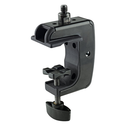 23723 universal table clamp opposite angled view showing open C-shaped jaw, locking knob and 3/8" threaded connector, K&M