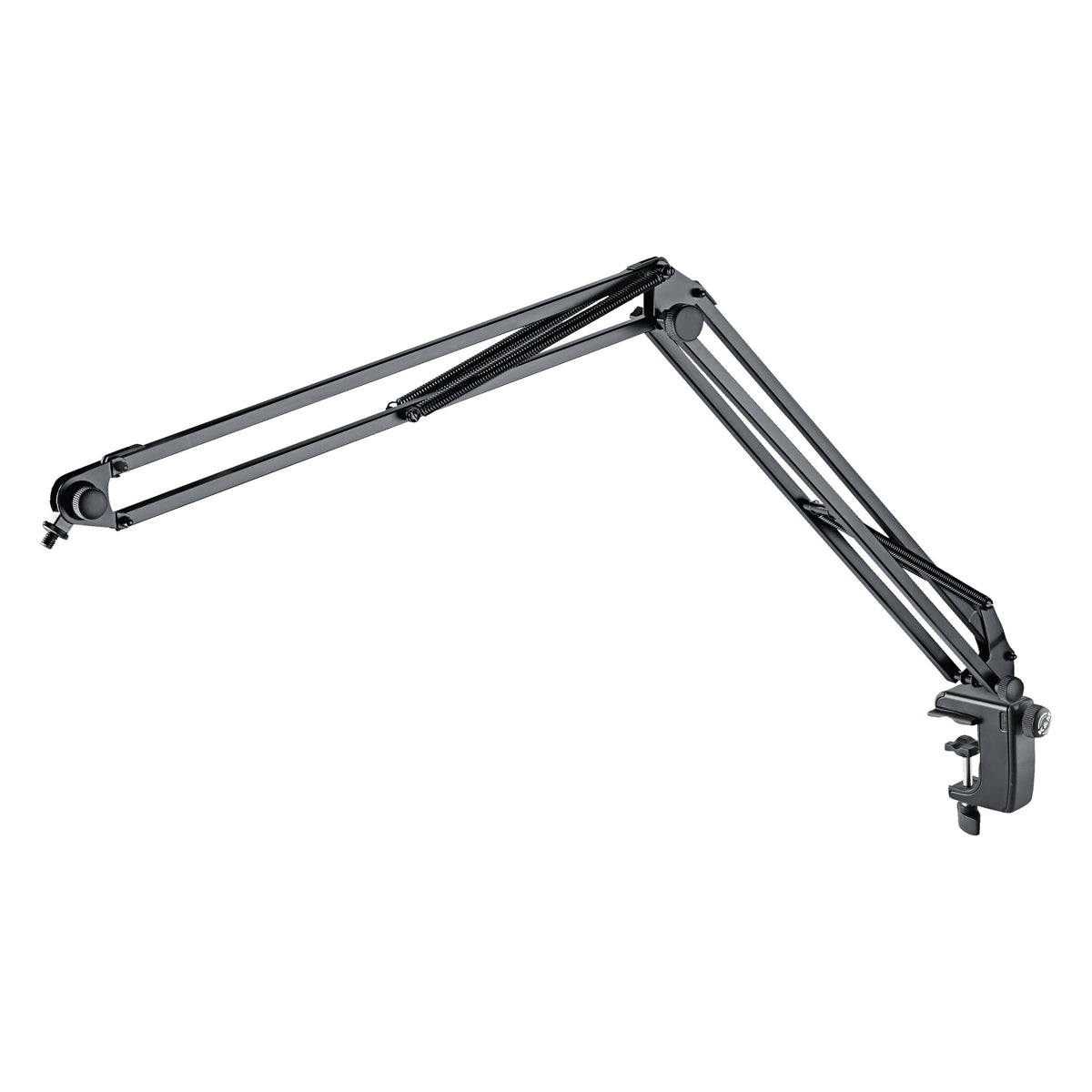 23840 microphone desk arm side view, extended with twin springs on both arm sections and a table clamp at the base, K&M