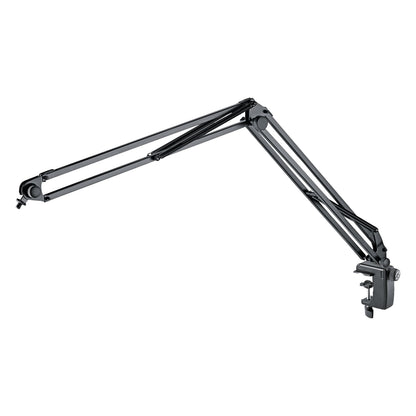 23840 microphone desk arm side view, extended with twin springs on both arm sections and a table clamp at the base, K&M